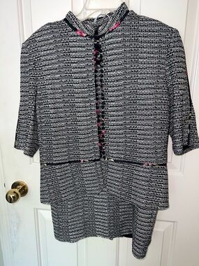 St. John Couture Black, white Tweed Skirt Set  Pink & silver accents